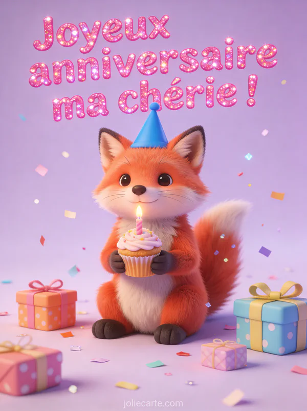 Petit renard roux avec chapeau de fête bleu tenant un cupcake entouré de cadeaux et confettis sur fond lavande pastel