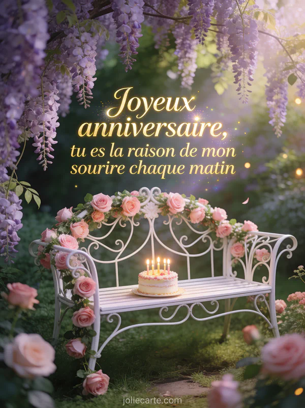 Jardin anglais avec banc en fer forgé blanc décoré de roses gâteau d'anniversaire glycine en cascade et texte Joyeux anniversaire en lettres dorées