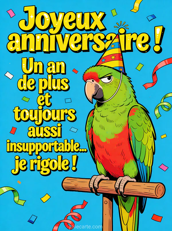 Perroquet vert et rouge avec chapeau de fête sur un perchoir air moqueur avec confettis et serpentins sur fond bleu