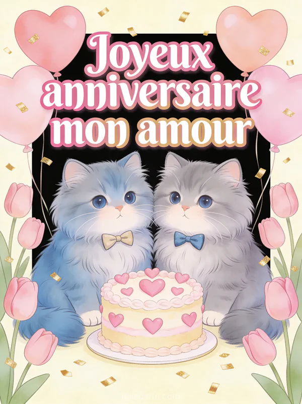 Illustration de deux chats persans gris avec nœuds papillon devant un gâteau d'anniversaire avec cœurs ballons tulipes et texte Joyeux anniversaire mon amour