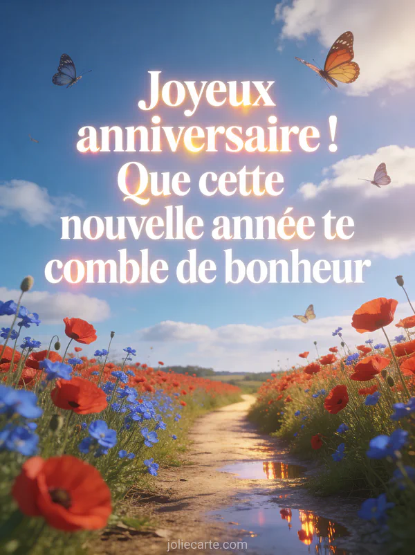 Chemin de campagne bordé de coquelicots rouges et bleuets avec papillons sous un ciel bleu et lumière dorée