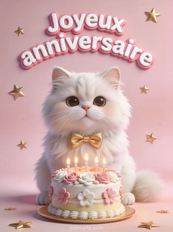 Chat persan blanc avec noeud papillon doré devant un gâteau d'anniversaire décoré de fleurs en sucre sur fond rose