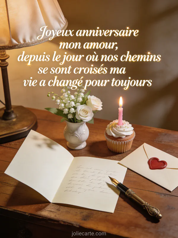 Bureau vintage avec lettre manuscrite stylo plume enveloppe cachetée cœur muguet roses blanches et cupcake d'anniversaire et texte Joyeux anniversaire mon amour