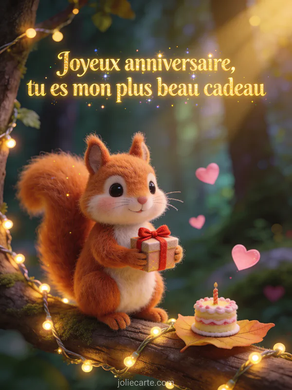 Illustration d'un écureuil roux tenant un cadeau sur une branche avec guirlandes lumineuses gâteau d'anniversaire cœurs et texte Joyeux anniversaire