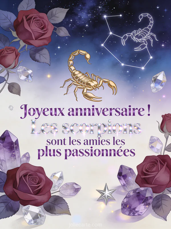 Scorpion doré stylisé sur ciel nocturne avec constellation du scorpion roses bordeaux et cristaux améthyste