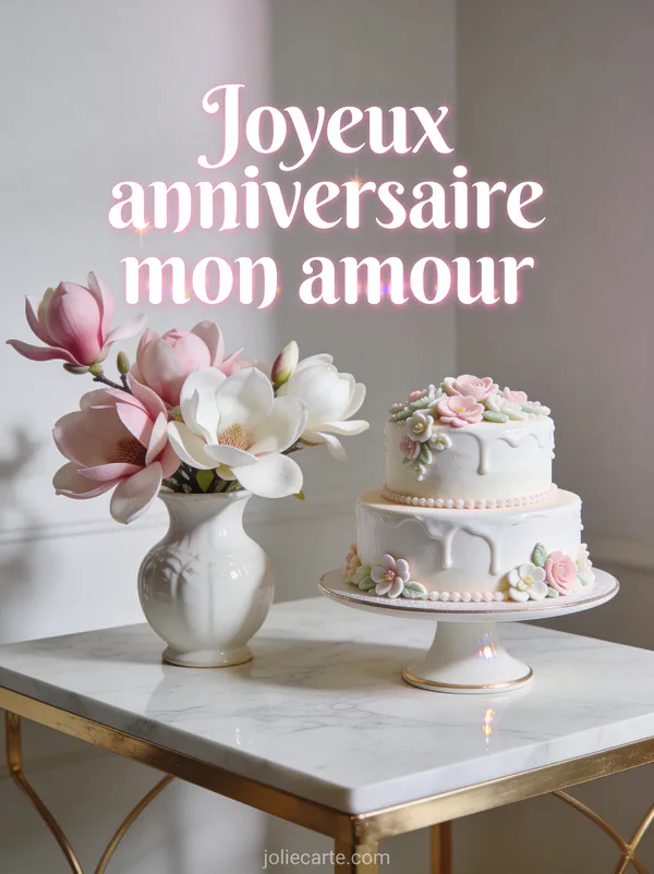 Magnolias roses et blancs dans vase en porcelaine avec gâteau d'anniversaire blanc fleuri sur marbre et texte Joyeux anniversaire mon amour