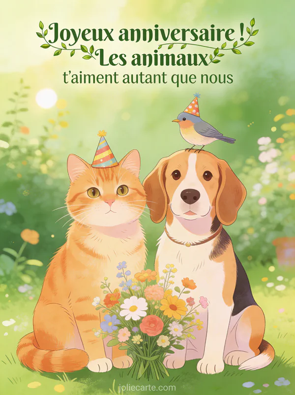 Chat roux et chien beagle avec chapeaux de fête et oiseau perché sur la tête du chien avec fleurs champêtres