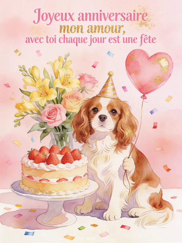 Illustration d'un chien cavalier king charles avec chapeau de fête et ballon cœur à côté d'un gâteau freesias et texte Joyeux anniversaire mon amour