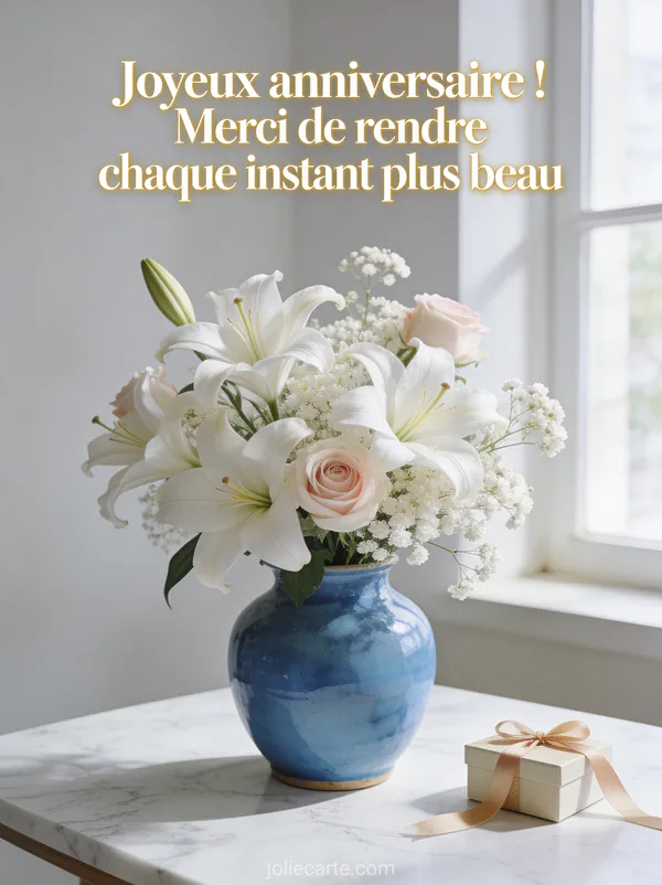 Arrangement de lys blancs et roses avec gypsophile dans un vase bleu et petite boîte cadeau sur table en marbre