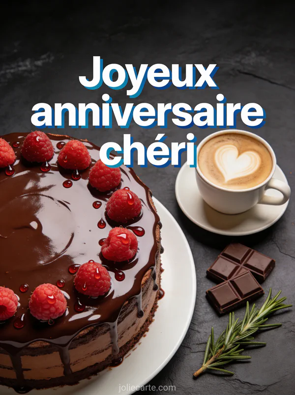 Gâteau au chocolat avec framboises à côté d'un café latte art cœur carrés de chocolat et romarin sur ardoise et texte Joyeux anniversaire chéri