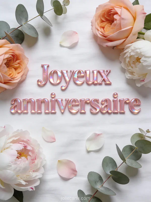 Composition flat lay de roses David Austin roses et pêche avec pivoines blanches et eucalyptus sur lin blanc