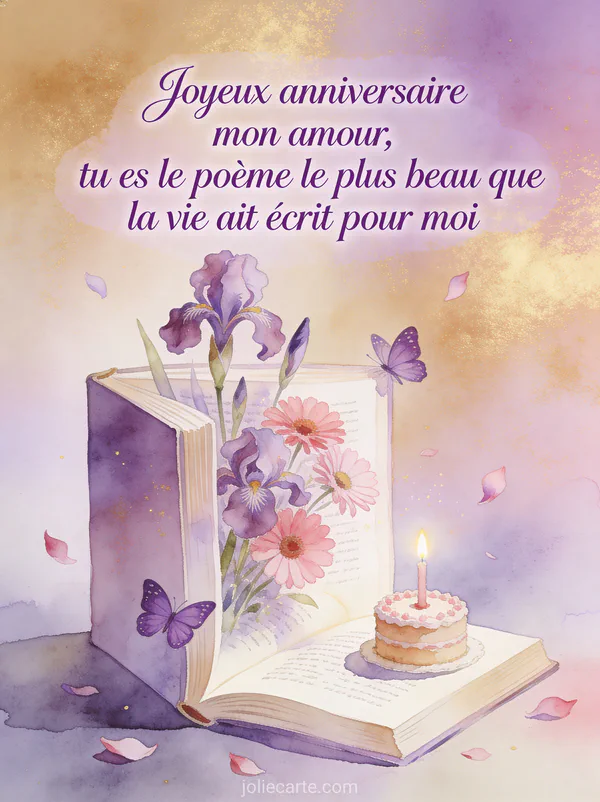 Illustration d'un livre de poésie ouvert avec iris violets et cosmos roses un gâteau d'anniversaire et papillons flottants et texte Joyeux anniversaire mon amour