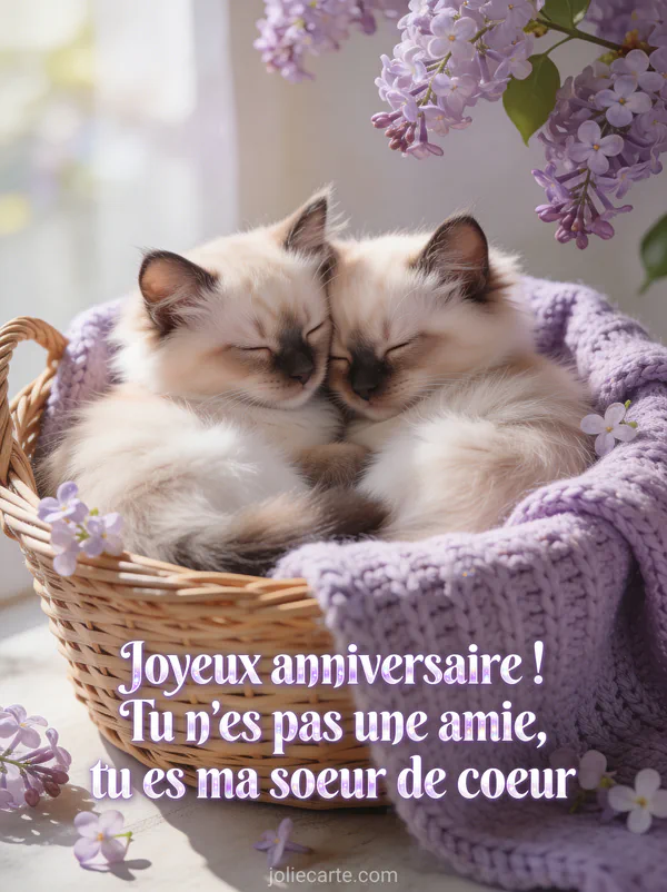 Deux chatons ragdoll blottis dans un panier en osier avec couverture lavande et fleurs de lilas dans la lumière du matin