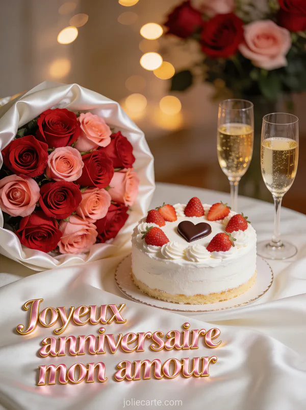 Bouquet de roses rouges et roses avec gâteau d'anniversaire blanc fraises cœur en chocolat et flûtes de champagne et texte Joyeux anniversaire mon amour