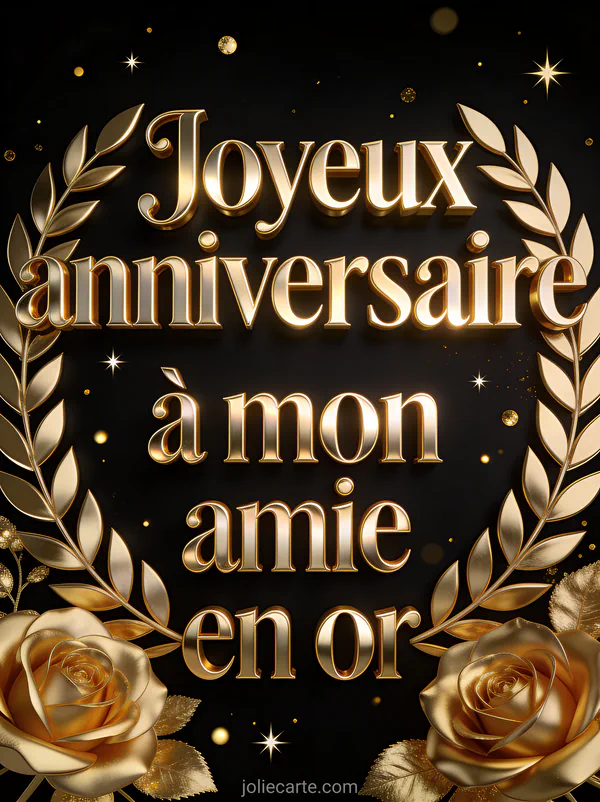 Texte Joyeux anniversaire en lettres dorées dans une couronne de laurier sur fond noir avec particules d'or et étoiles