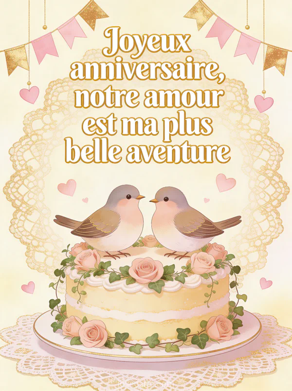 Illustration de deux tourterelles sur un gâteau d'anniversaire avec roses lierre fanions cœurs et texte Joyeux anniversaire