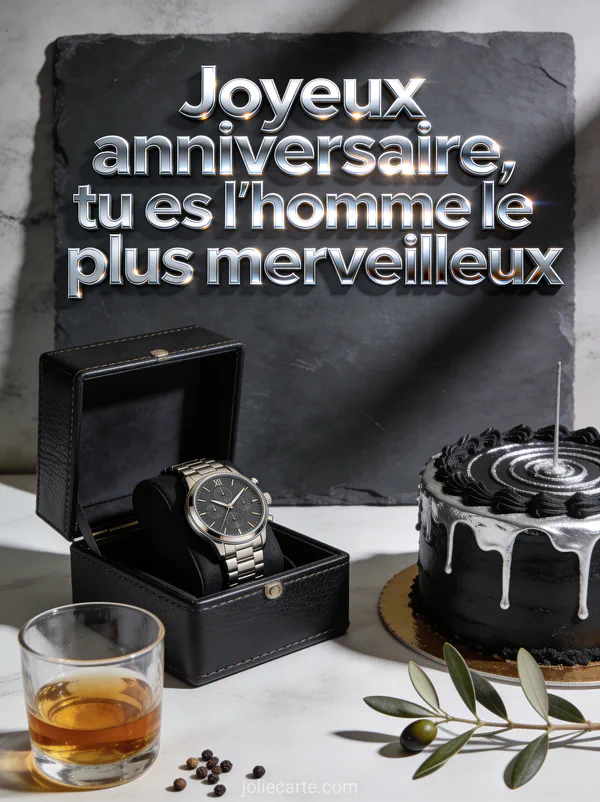 Montre sur coffret cuir noir gâteau d'anniversaire noir et argent verre de whisky branche d'olivier sur ardoise et texte Joyeux anniversaire