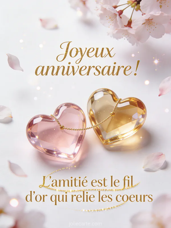 Deux coeurs en verre soufflé rose et doré reliés par un fil doré avec pétales de cerisier sur fond blanc