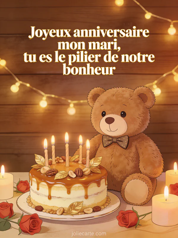 Illustration d'un ours en peluche avec nœud papillon gâteau d'anniversaire au caramel roses rouges bougies et guirlande lumineuse et texte Joyeux anniversaire mon mari