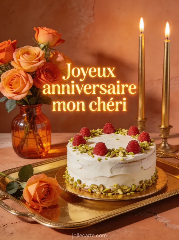 Gâteau d'anniversaire au chocolat blanc pistache et framboises avec roses orange bougies dorées sur fond terre cuite et texte Joyeux anniversaire mon chéri