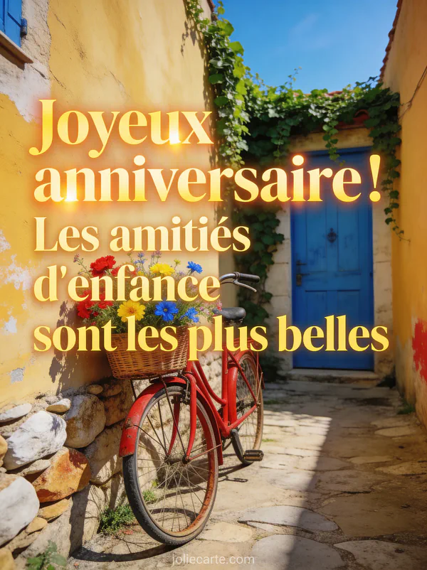 Vieux vélo rouge avec panier de fleurs sauvages contre un mur de pierres avec porte bleue et lierre grimpant