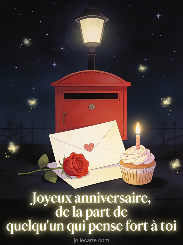Illustration d'une boîte aux lettres rouge vintage sous un lampadaire la nuit avec lettre rose rouge cupcake et lucioles et texte Joyeux anniversaire
