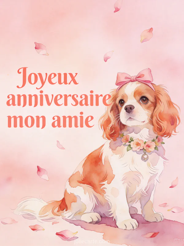Chien cavalier king charles avec noeud rose et collier de fleurs sur fond rose tendre avec pétales