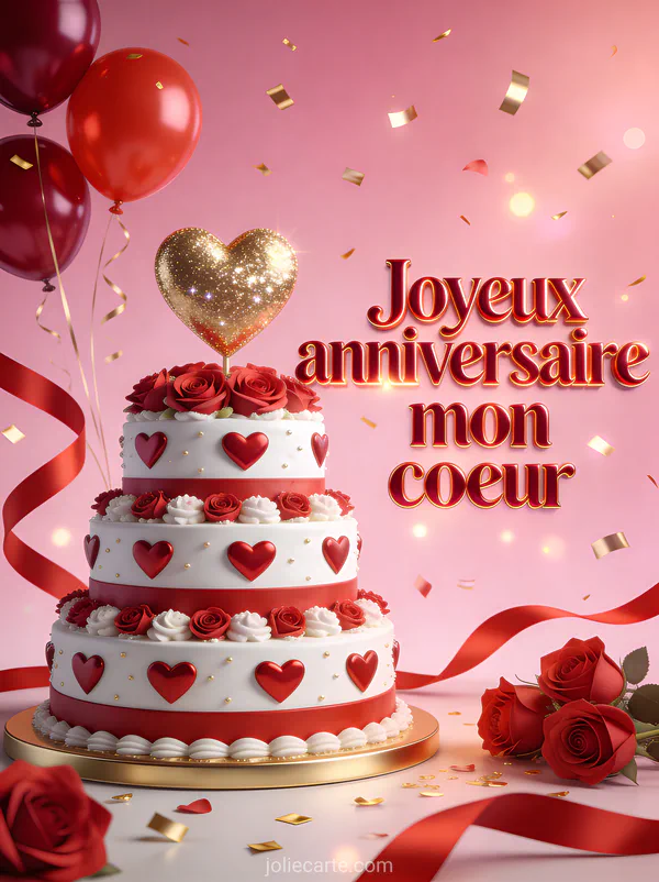 Gâteau d'anniversaire trois étages blanc et rouge avec cœurs roses en sucre ballons confettis dorés et texte Joyeux anniversaire mon cœur