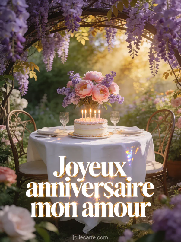Jardin avec tonnelle de glycine mauve table dressée pour deux gâteau d'anniversaire pivoines et lilas et texte Joyeux anniversaire mon amour