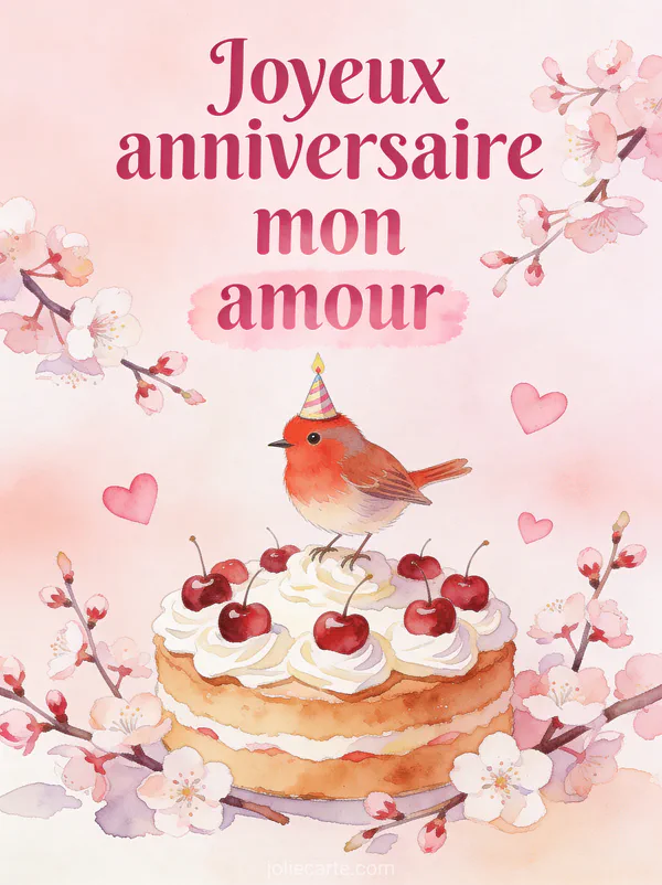 Illustration aquarelle d'un rouge-gorge avec chapeau d'anniversaire sur un gâteau entouré de cerisiers en fleurs et cœurs et texte Joyeux anniversaire mon amour
