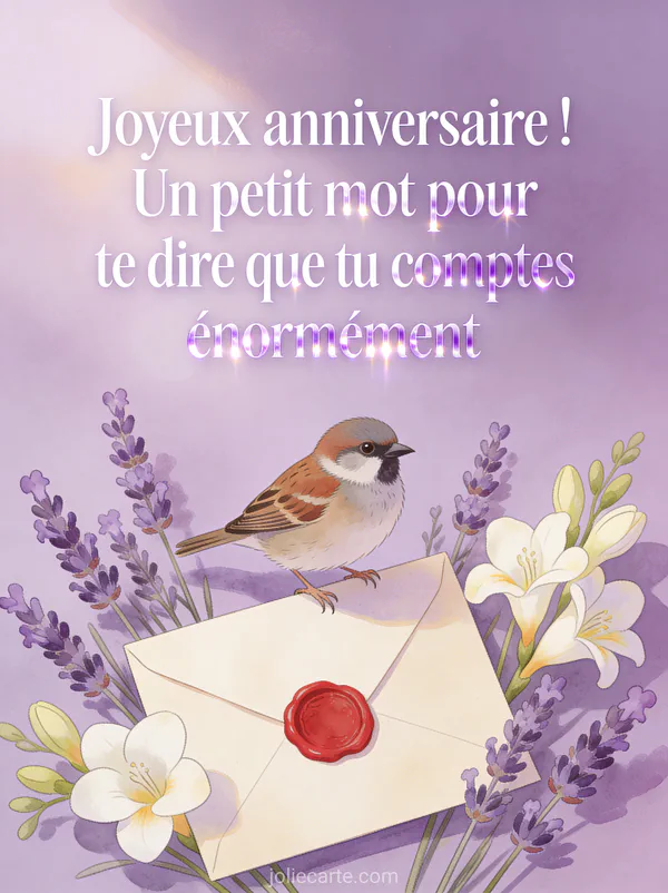 Moineau posé sur une enveloppe cachetée de cire rouge entouré de lavande et freesia sur fond mauve doux