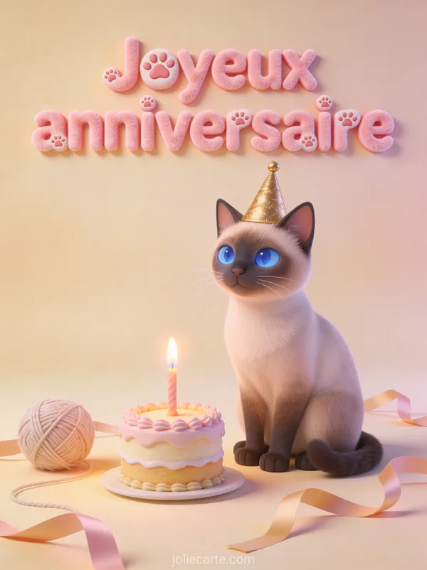 Chat siamois aux yeux bleus avec chapeau de fête doré à côté d'un petit gâteau avec pelote de laine sur fond crème