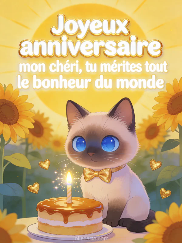 Illustration d'un chat siamois avec nœud papillon doré devant un gâteau d'anniversaire au caramel entouré de tournesols et cœurs et texte Joyeux anniversaire mon chéri