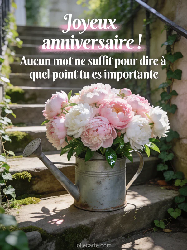 Bouquet de pivoines roses et blanches débordant d'un arrosoir vintage en zinc sur escalier de pierre avec lierre