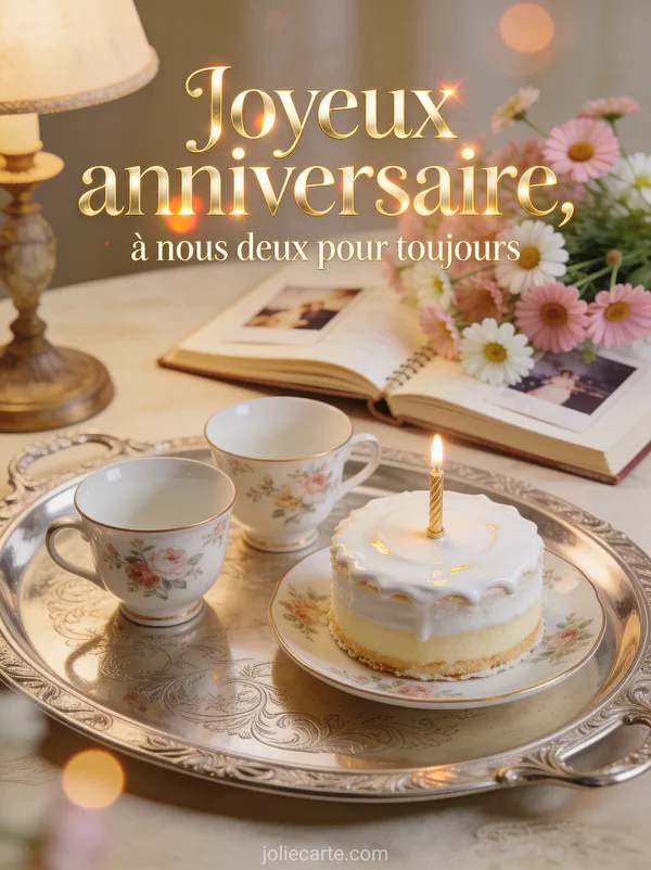 Deux tasses de thé en porcelaine avec gâteau d'anniversaire renoncules album photo et texte Joyeux anniversaire en lettres dorées