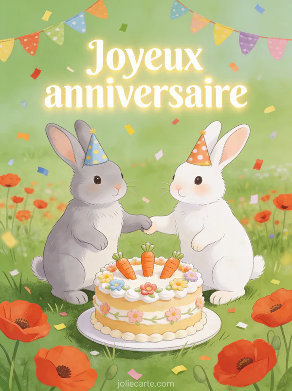Illustration de deux lapins avec chapeaux de fête devant un gâteau d'anniversaire avec confettis coquelicots et texte Joyeux anniversaire
