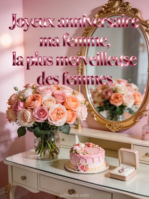 Bouquet de roses garden pêche avec gâteau d'anniversaire rose bijou dans écrin et miroir doré sur fond rose et texte Joyeux anniversaire ma femme