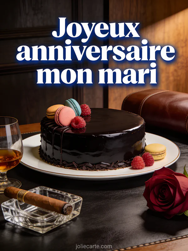 Gâteau d'anniversaire au chocolat avec macarons framboises verre de cognac rose rouge sur bois sombre et texte Joyeux anniversaire mon mari