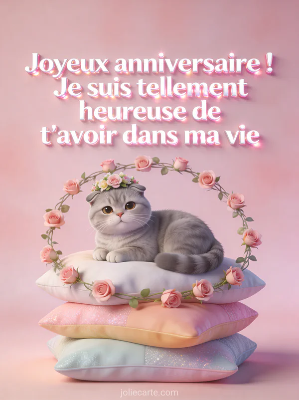 Chat scottish fold gris avec couronne de fleurs sur une pile de coussins pastels et guirlande de roses sur fond rose