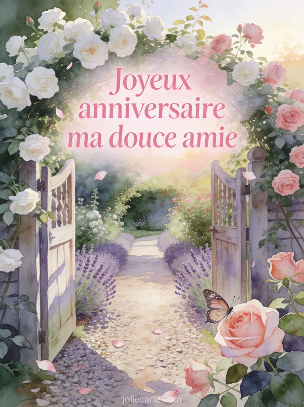 Jardin anglais avec rosier grimpant blanc et rose portail en bois lavande et papillon posé sur une rose