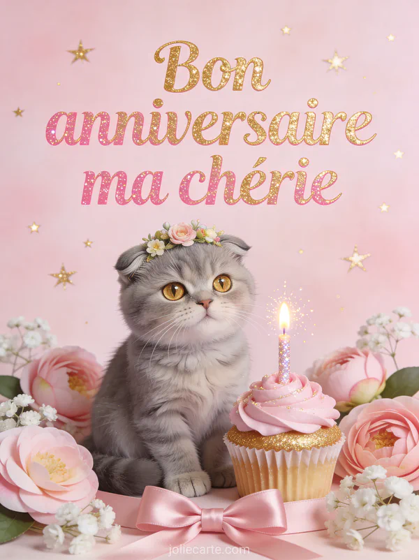 Illustration d'un chaton scottish fold gris avec couronne de fleurs à côté d'un cupcake camélias et gypsophile et texte Bon anniversaire ma chérie