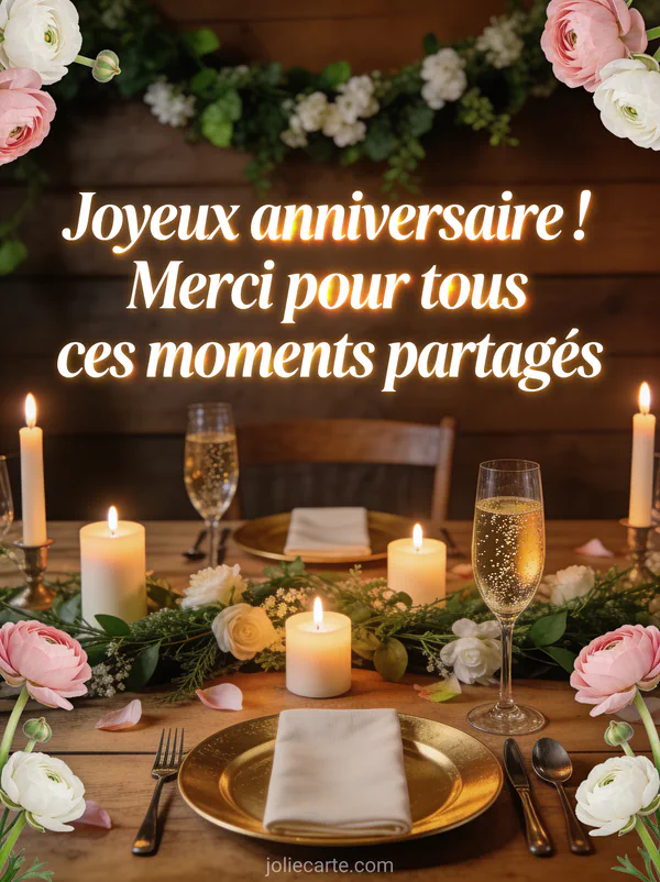 Table de fête avec bougies guirlande végétale verres de champagne et petits bouquets de renoncules en lumière tamisée