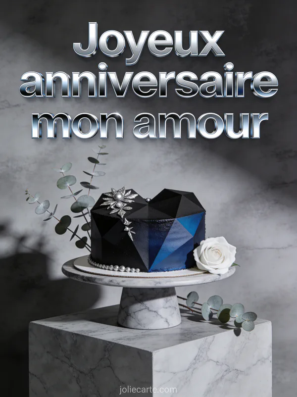Gâteau d'anniversaire géométrique noir et bleu nuit avec décorations argentées eucalyptus rose blanche sur marbre gris et texte Joyeux anniversaire mon amour
