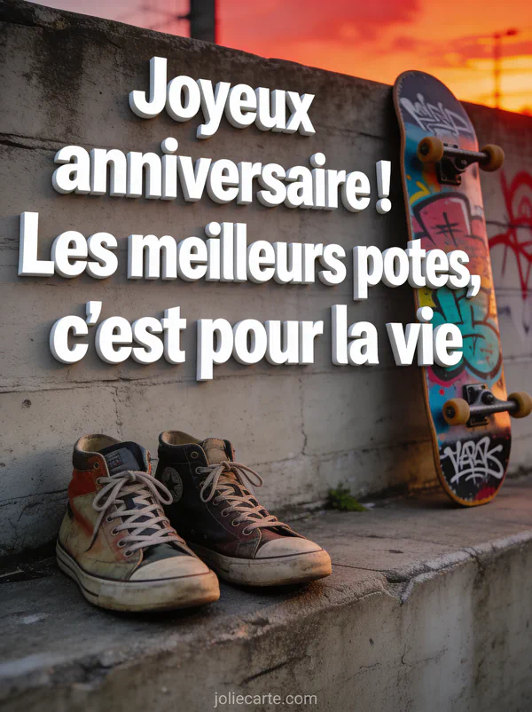 Baskets vintage côte à côte sur muret en béton avec skateboard graffiti coloré et soleil couchant urbain