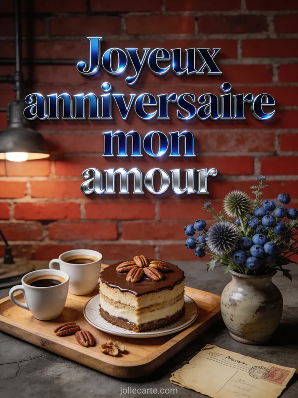 Gâteau au café et noix de pécan avec expresso bleuets et chardons carte postale sur fond brique et texte Joyeux anniversaire mon amour