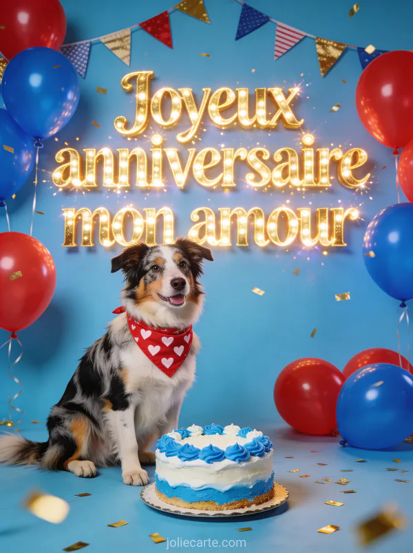 Illustration d'un berger australien avec bandana cœurs devant gâteau d'anniversaire bleu ballons guirlande confettis et texte Joyeux anniversaire mon amour