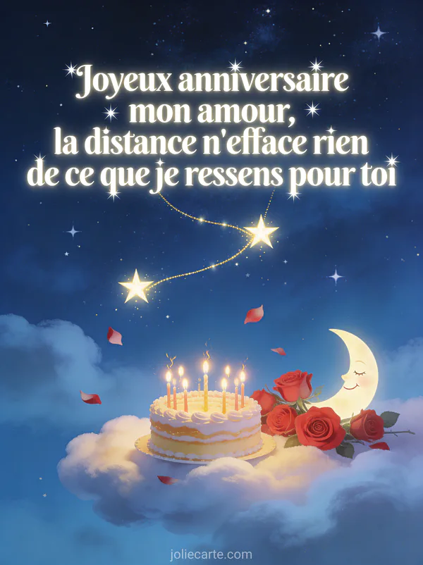 Illustration de ciel étoilé avec deux étoiles reliées par un fil doré gâteau sur nuage roses et croissant de lune et texte Joyeux anniversaire mon amour