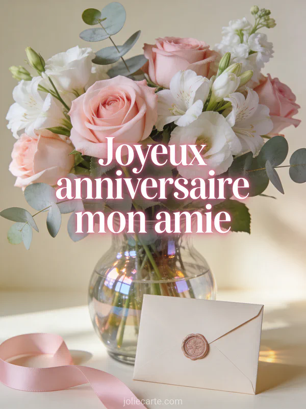 Bouquet de roses roses et lisianthus blancs avec eucalyptus dans vase en verre avec enveloppe et ruban rose