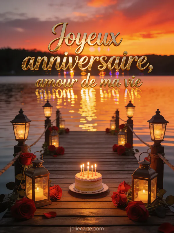 Coucher de soleil sur lac avec ponton décoré de lanternes roses rouges gâteau d'anniversaire et reflets dorés et texte Joyeux anniversaire amour de ma vie