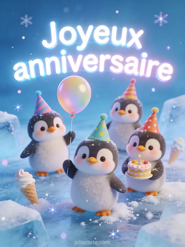 Groupe de bébés pingouins avec chapeaux de fête colorés tenant ballons et gâteau sur glace scintillante